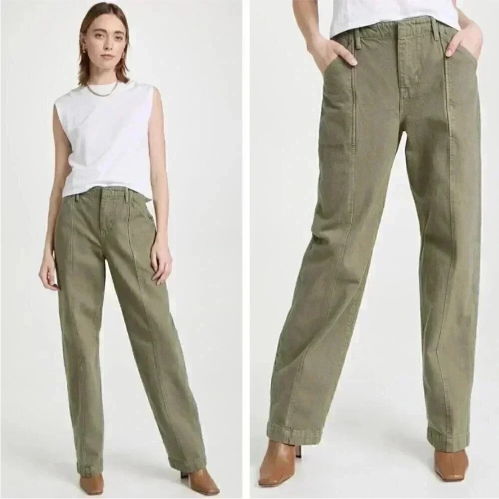 Frame Denim High-Rise Relaxed Washed Trouser Pants Green